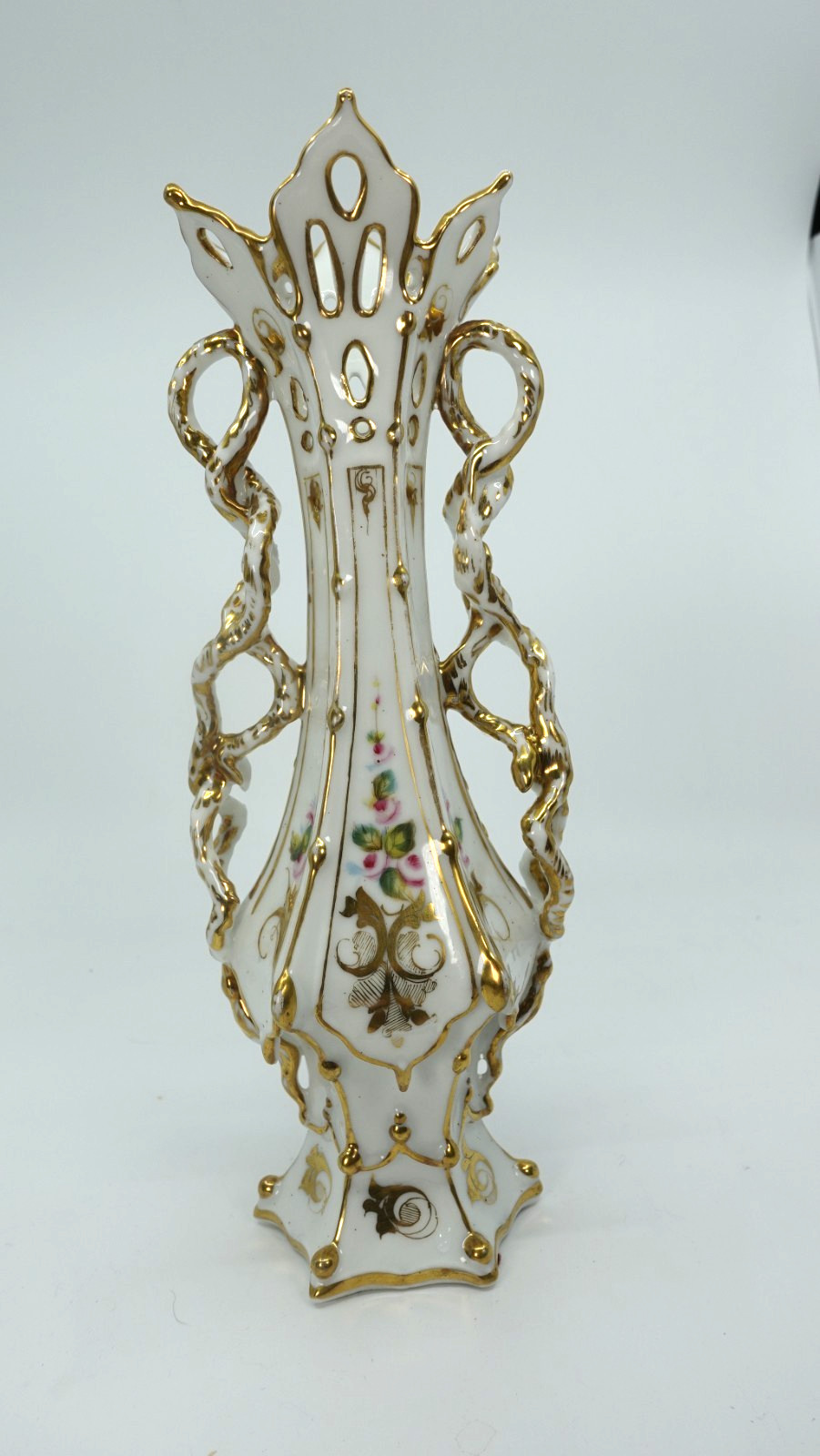 Antique Old Paris Porcelain Vase Floral Gold Gilt Double Handled Reticulated 19C Antique Old Paris Porcelain Vase Floral Gold Gilt Double Handled Reticulated 19C