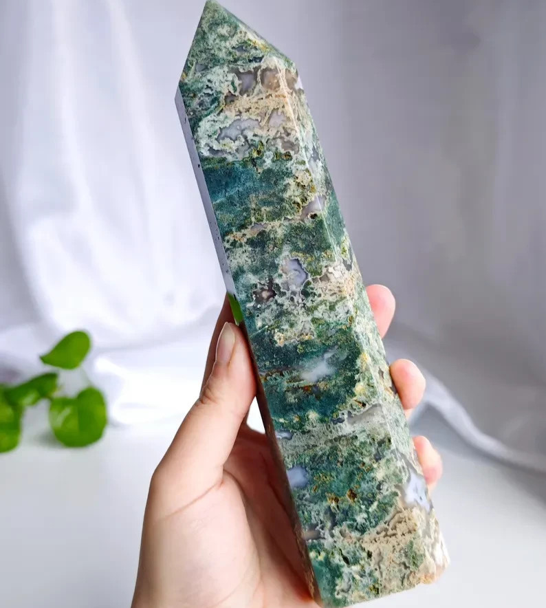 Genuine Moss Agate Obelisk Tower Reiki Chakra Balancing Crystal Specimen Decor