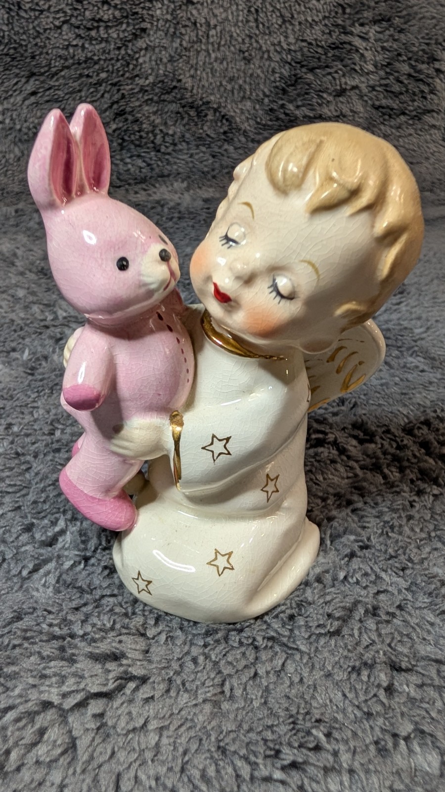 Vintage Ceramic Angel Cherub Holding Pink Bunny Rabbit Figurine Fine A Quality?