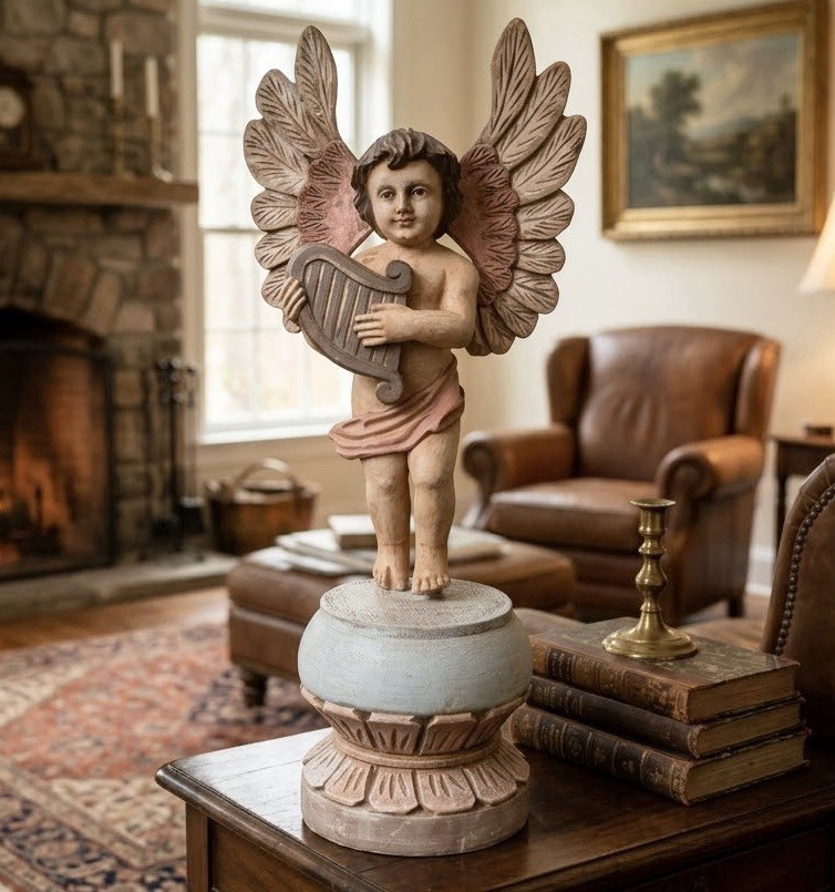 Vtg Hand Carver Wood Cherub Putti Angel Sculpture on Pedestal Glass Eyes 22”
