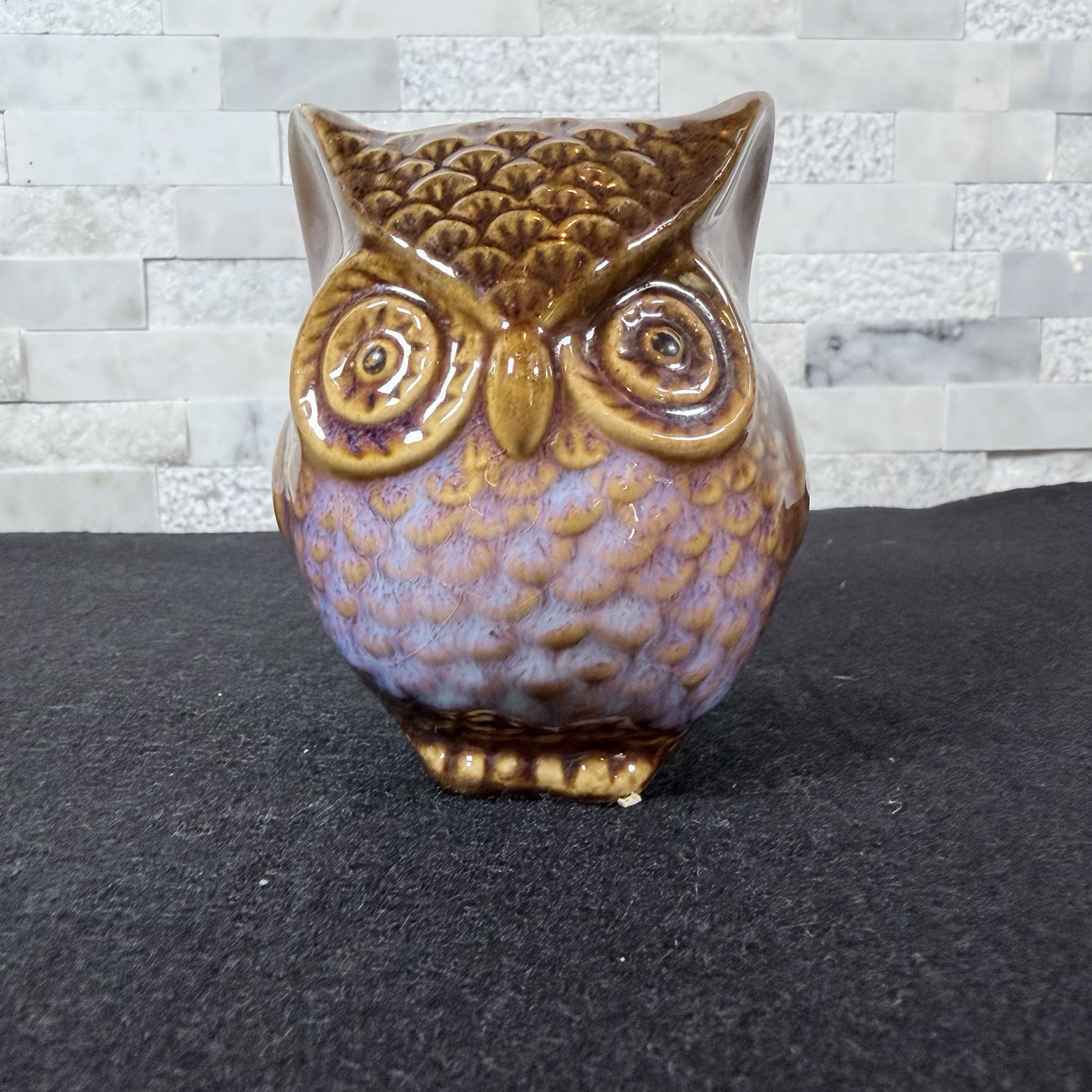 Mid Century Ceramic Design- Owl Figurine Drip Glaze Brown Purple 4