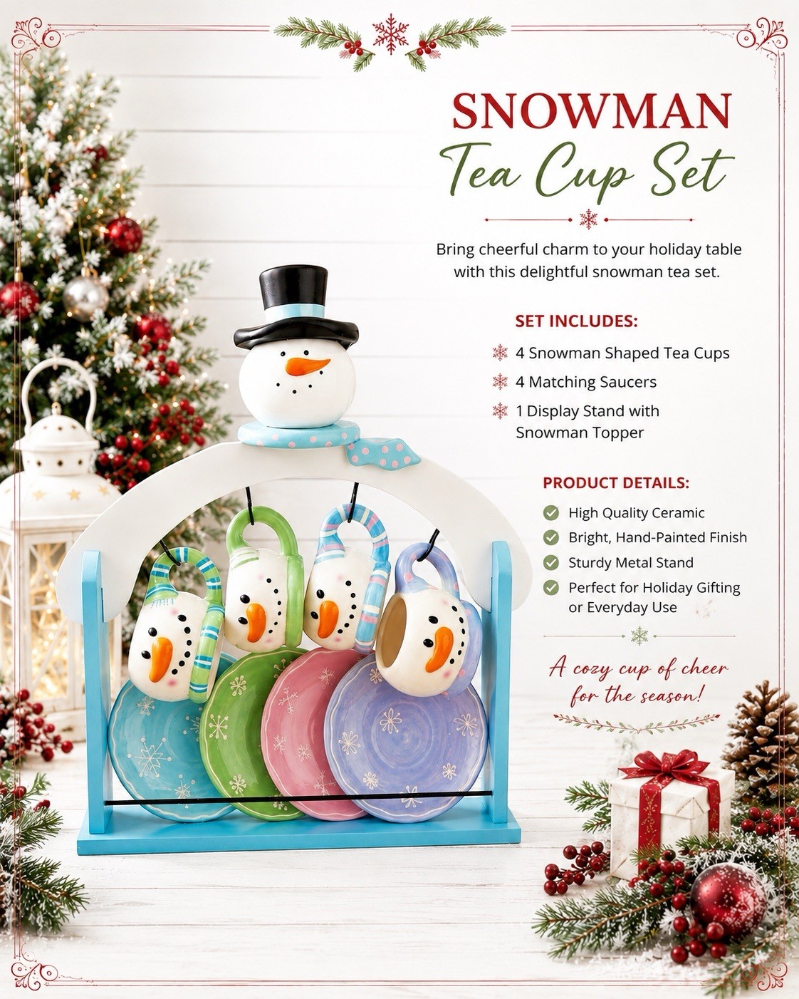 Snowman Ceramic Mug & Saucer Set W/ Wooden Snowman Stand 4 Cups 4 Plates Vintage Snowman Ceramic Mug & Saucer Set W/ Wooden Snowman Stand 4 Cups 4 Plates Vintage