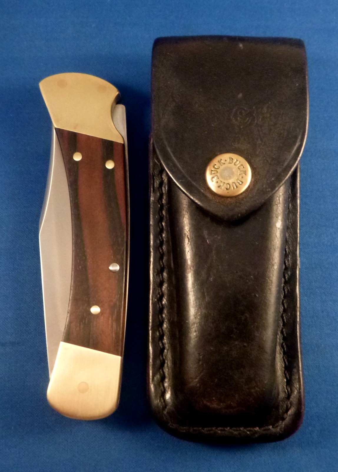 VTG BUCK 110 2 dot 1970s folding Hunter Pocket Knife USA, w Buck leather sheath