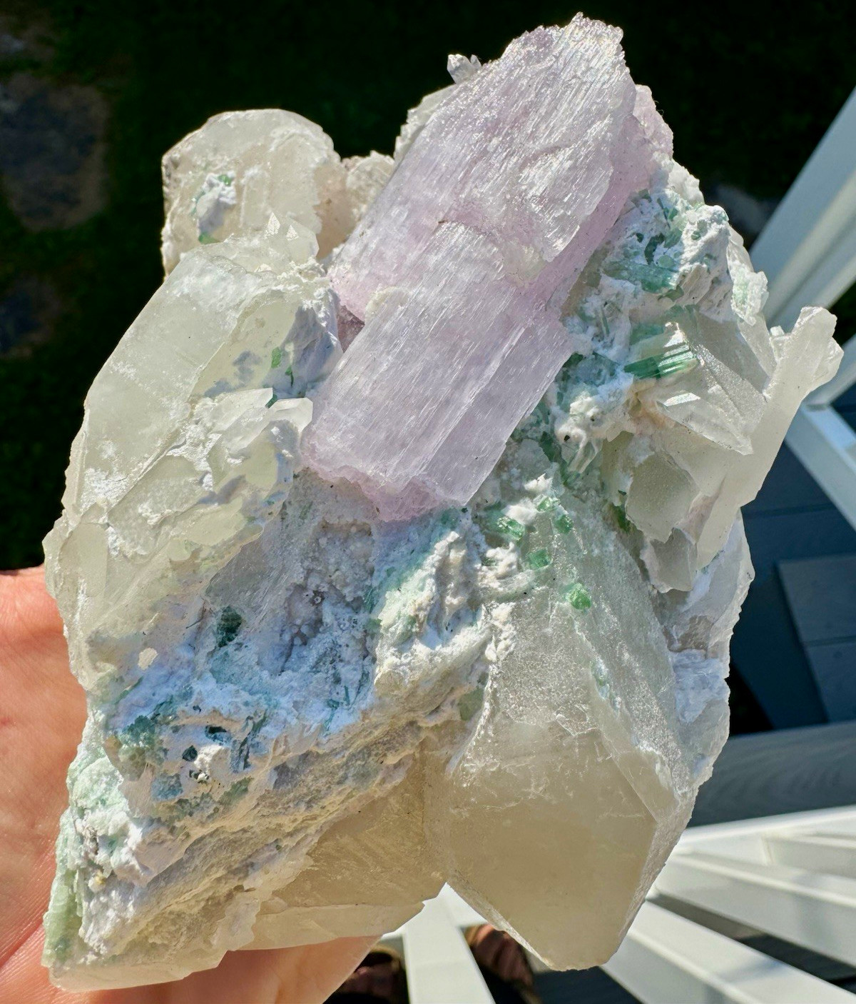 Rare stunning huge Kunzite on matrix w/green tourmaline and quartz 894 grams.