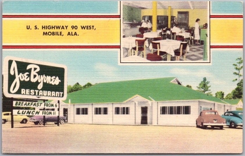 c1950s MOBILE, Alabama Postcard JOE BYRNES RESTAURANT Hwy 90 Roadside - Linen