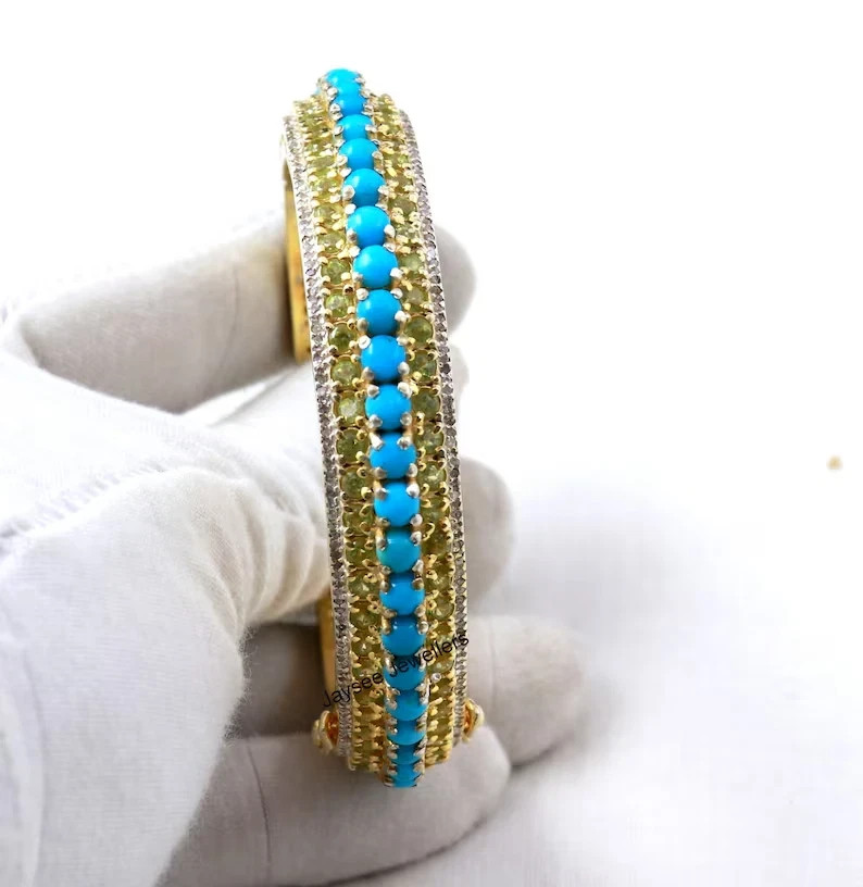 Pave Diamond & Turquoise Peridot Women's Bangle 18k Yellow Gold Over
