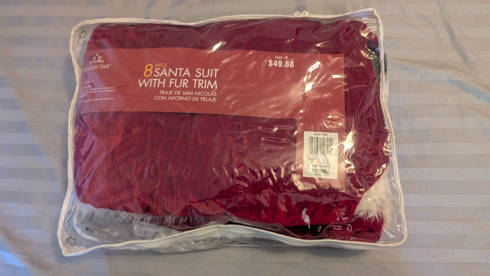 Vintage Holiday Time 8 Piece Santa Claus Fur Trim Suit Fits Up To Size 48 NIB