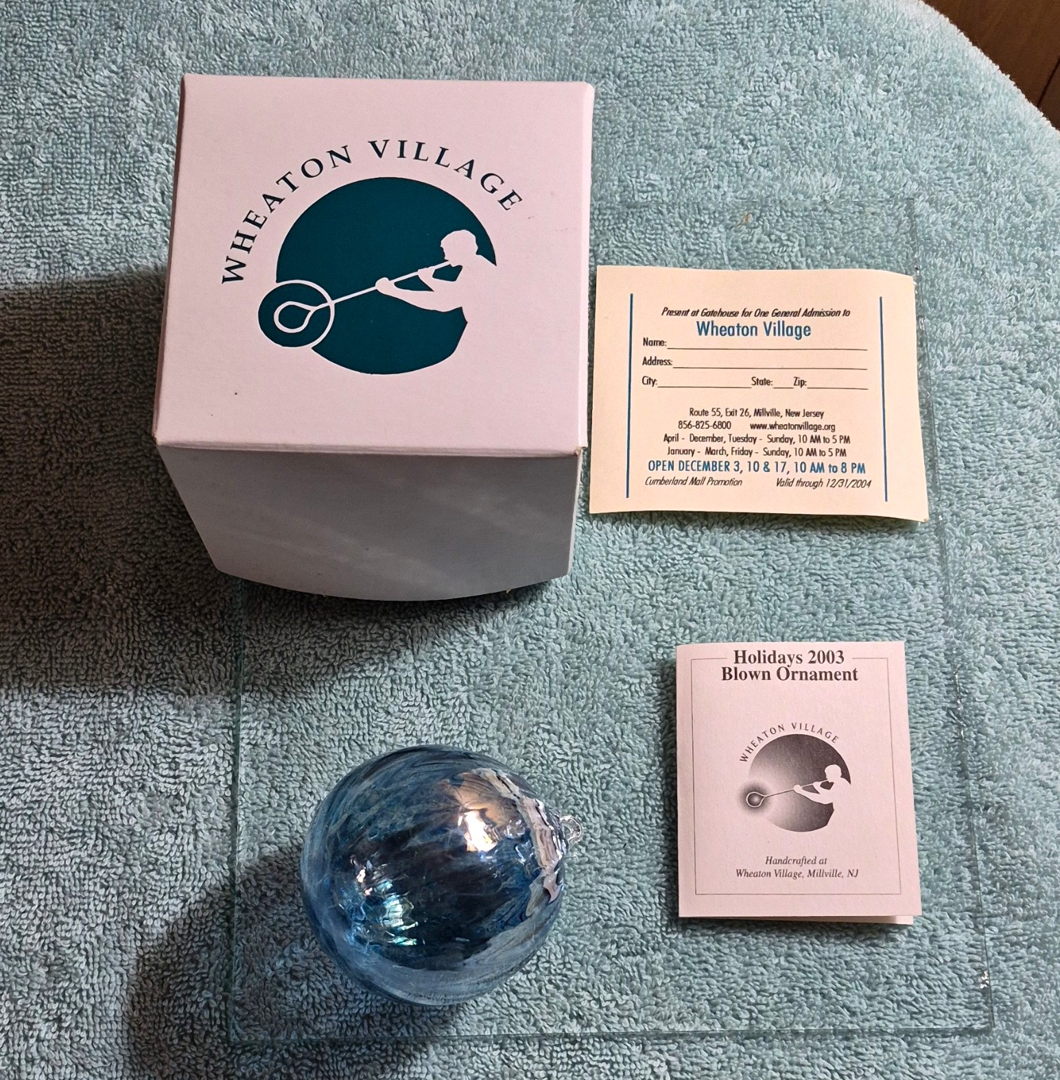 Wheaton Village Christmas 2003 Blown Glass Blue Clear Swirl Ball Ornament
