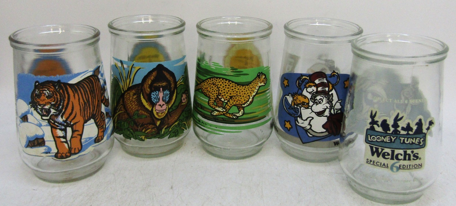 Vintage Assorted Welch\'s Jelly Jar Drinking Glasses, Set of 5.