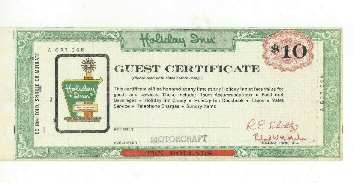 VINTAGE - 1970's $10 Holiday Inn Guest Certificate w/Carbon Receipt *MOTORCRAFT VINTAGE - 1970's $10 Holiday Inn Guest Certificate w/Carbon Receipt *MOTORCRAFT