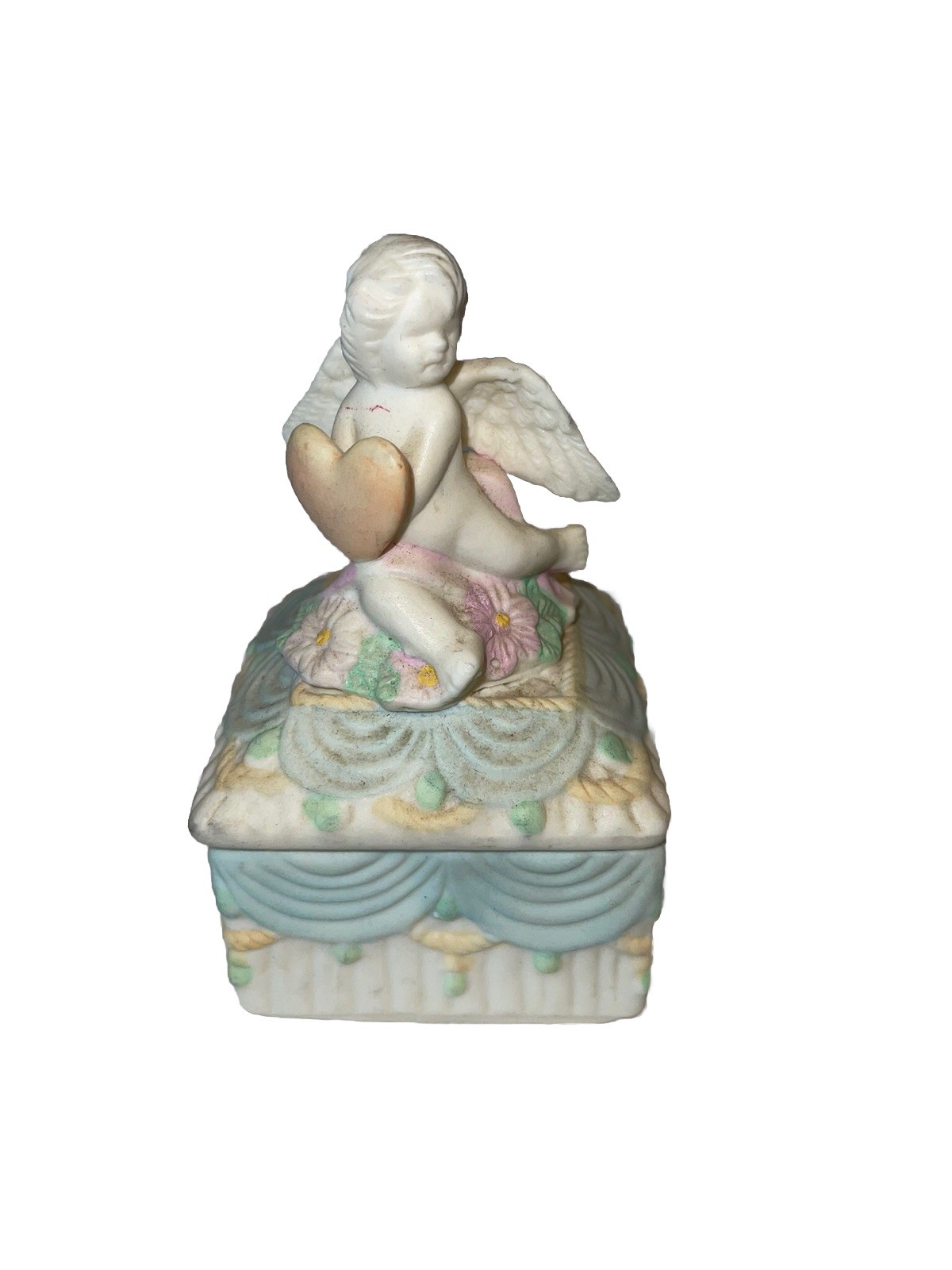 Vintage fun Cherub Trinket Box Angel Holding Heart Pastel Ceramic Jewelry Box #2 Vintage fun Cherub Trinket Box Angel Holding Heart Pastel Ceramic Jewelry Box #2