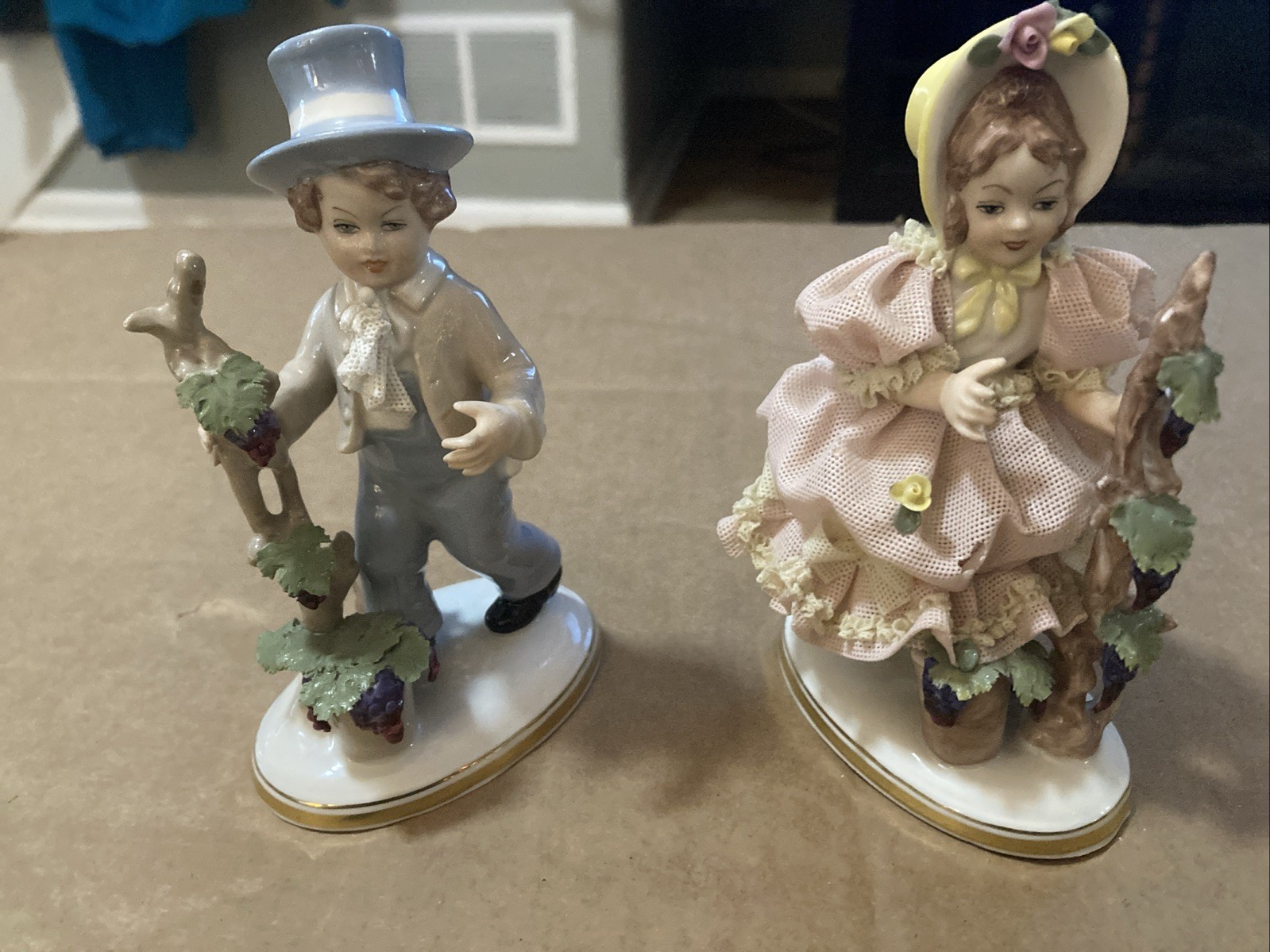 (2) Dresden Porcelain Figurines Vintage Lace\