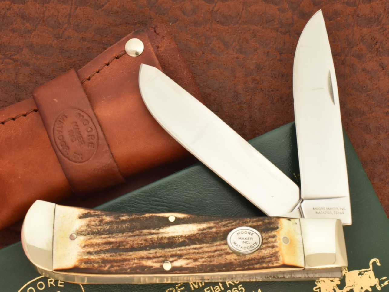 MOORE MAKER MATADOR TEXAS MADE USA 2022 STAG JUMBO BULLET TRAPPER KNIFE (36718)