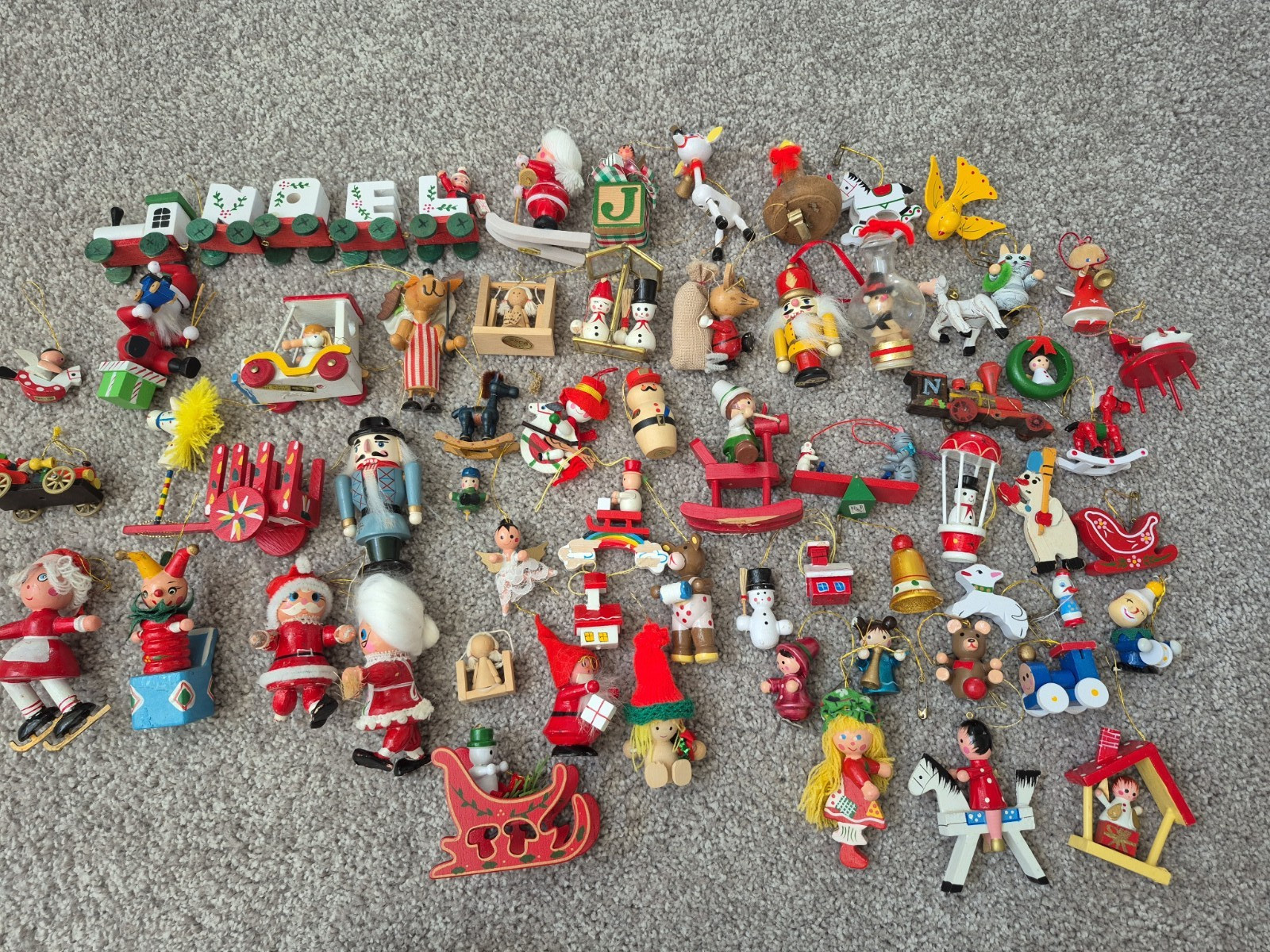 Lot Vintage Wooden Mini Christmas Angel Santa Snowman Train Ornaments 65 Pieces