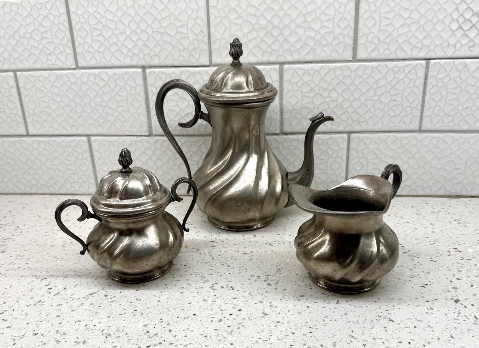 Lovely Vintage 3 Piece Peltro Puro  Swirl Pattern Tea Set - 95% Pure Pewter