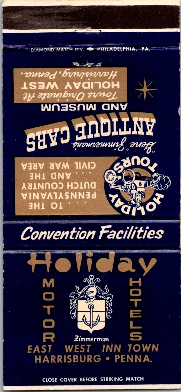 Holiday Motor Hotels Convention Harrisburg Penna Vintage Matchbook Cover 5M28-3