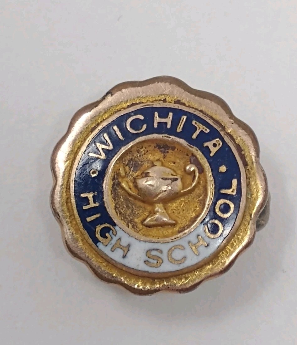 c. 1923 Wichita High School Enamel Gold Tone Wisdom Lamp Pin Back Brooch Kansas 