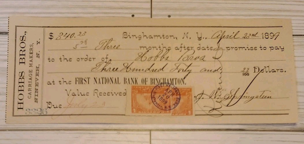 1899 Hobbs Bros Carriage Makers Double Stamps Check Binghamton NY 1899 Hobbs Bros Carriage Makers Double Stamps Check Binghamton NY