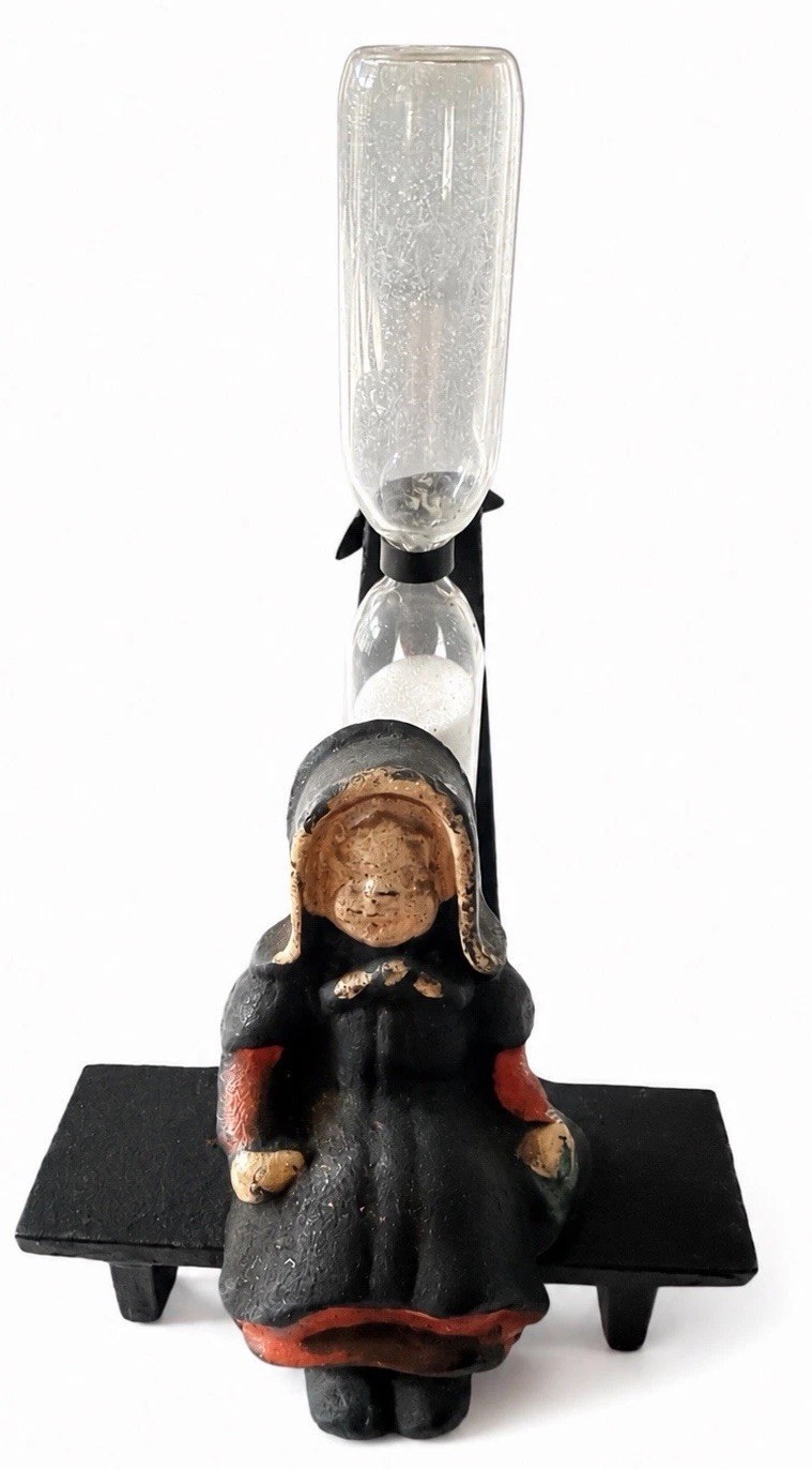 Vintage Cast Iron Amish Girl Sand Timer Hourglass Folk Art Decor Primitive