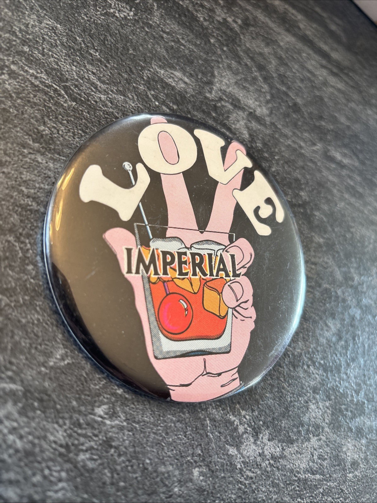Vintage Imperial Whiskey Alcohol Love Peace Advertising Metal Pinback Button 3\