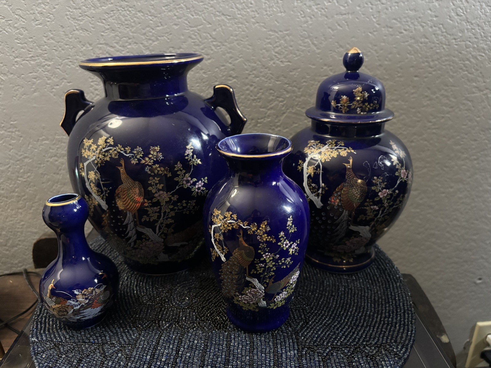 Japanese Art Cobalt Blue Vase with Peacock and Floral Design Decorative 4 Piece