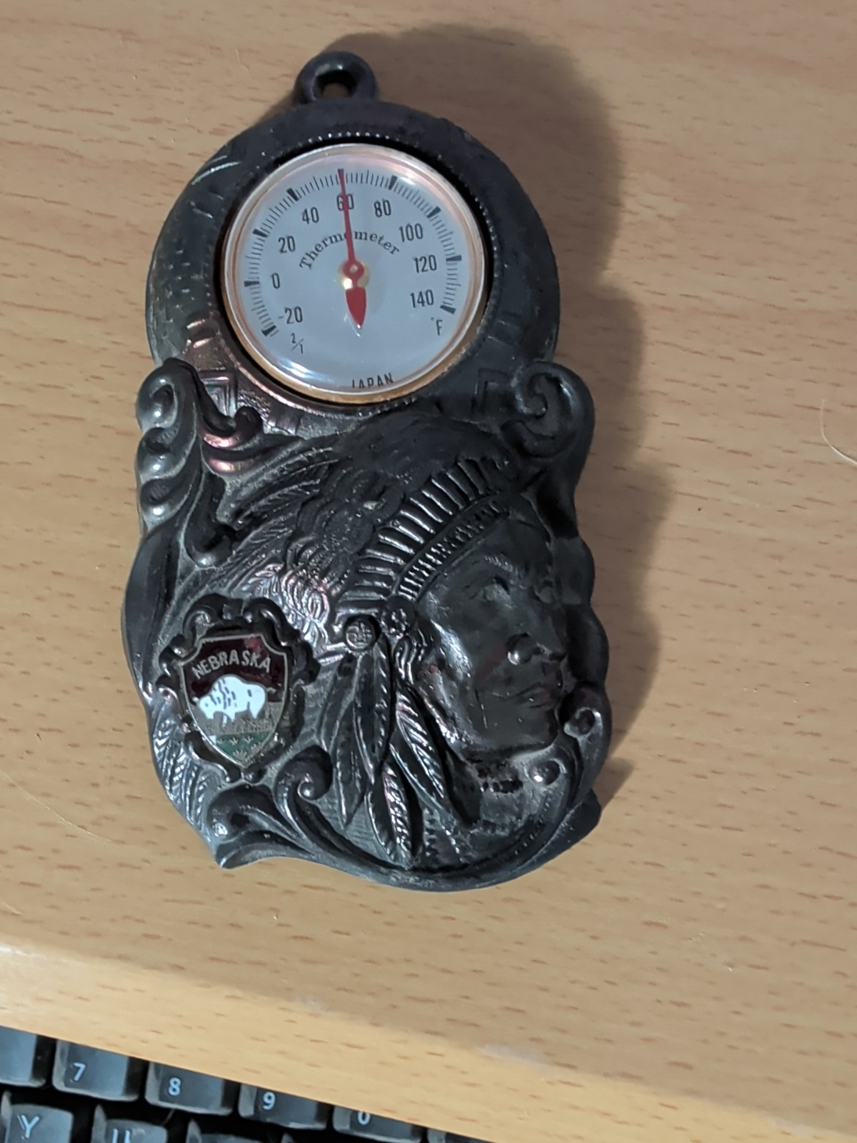 Vintage Nebraska  Indian Chief Metal Thermometer 
