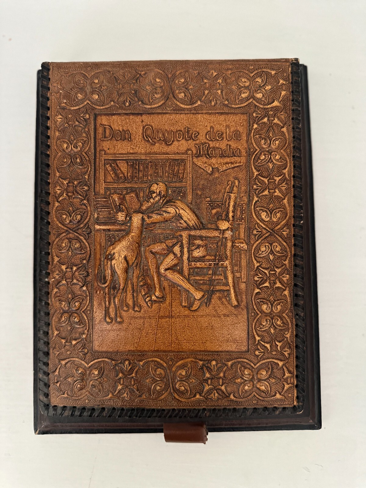 Don Quixjoe de la Mancha Hand-Tooled Leather Note Pad & Pen Holder Quixote VGC