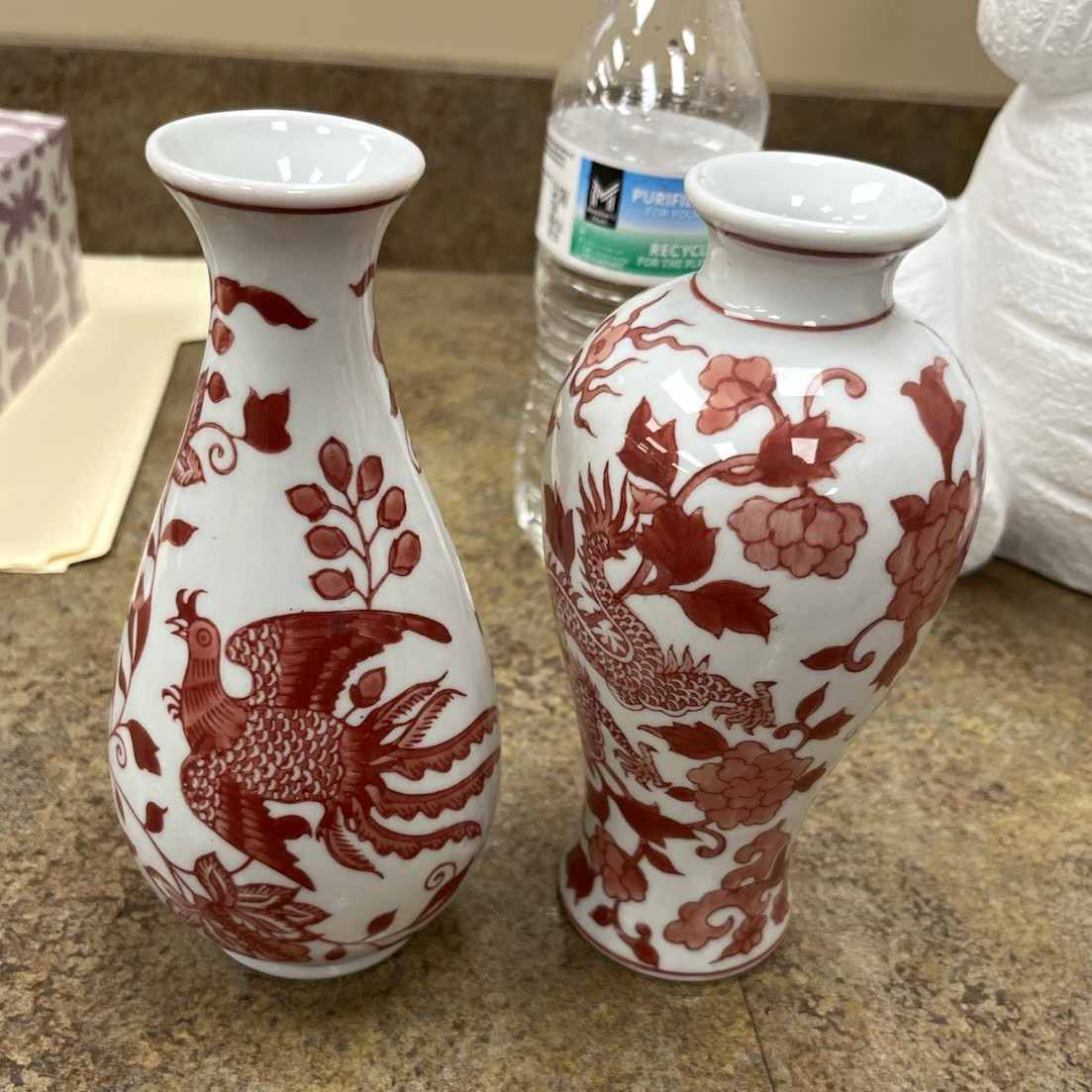 Pair Red & White Chinese Porcelain Vases, Floral & Bird Design