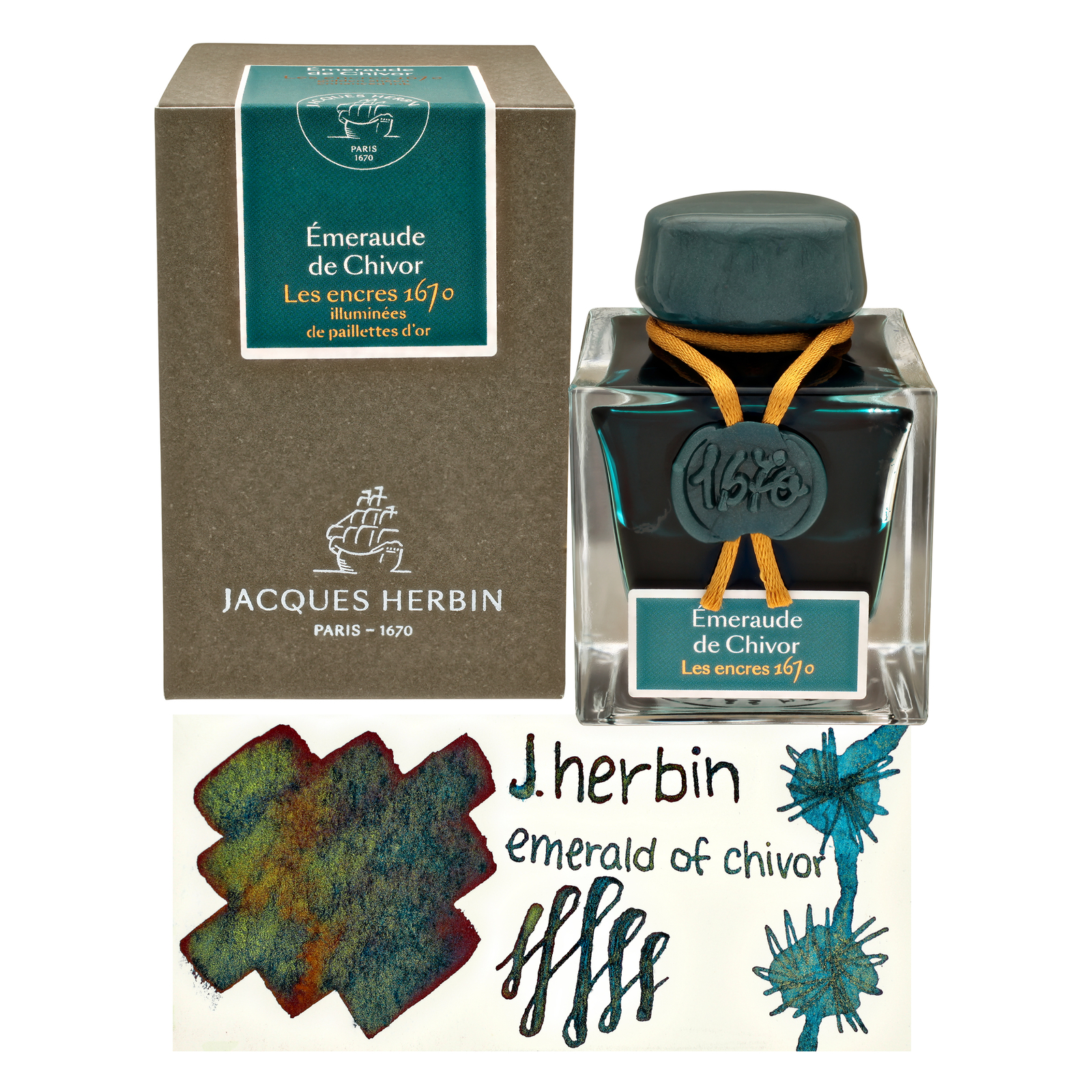J. Herbin 1670 Anniversary Fountain Pen Ink Emerald of Chivor Gold Sparkle 50ml