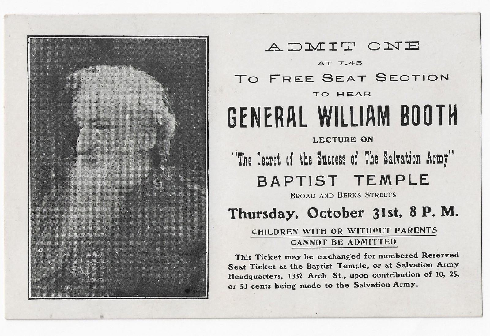Salvation Army General William Booth Ticket Ephemera Rare 1907 Methodist Baptist