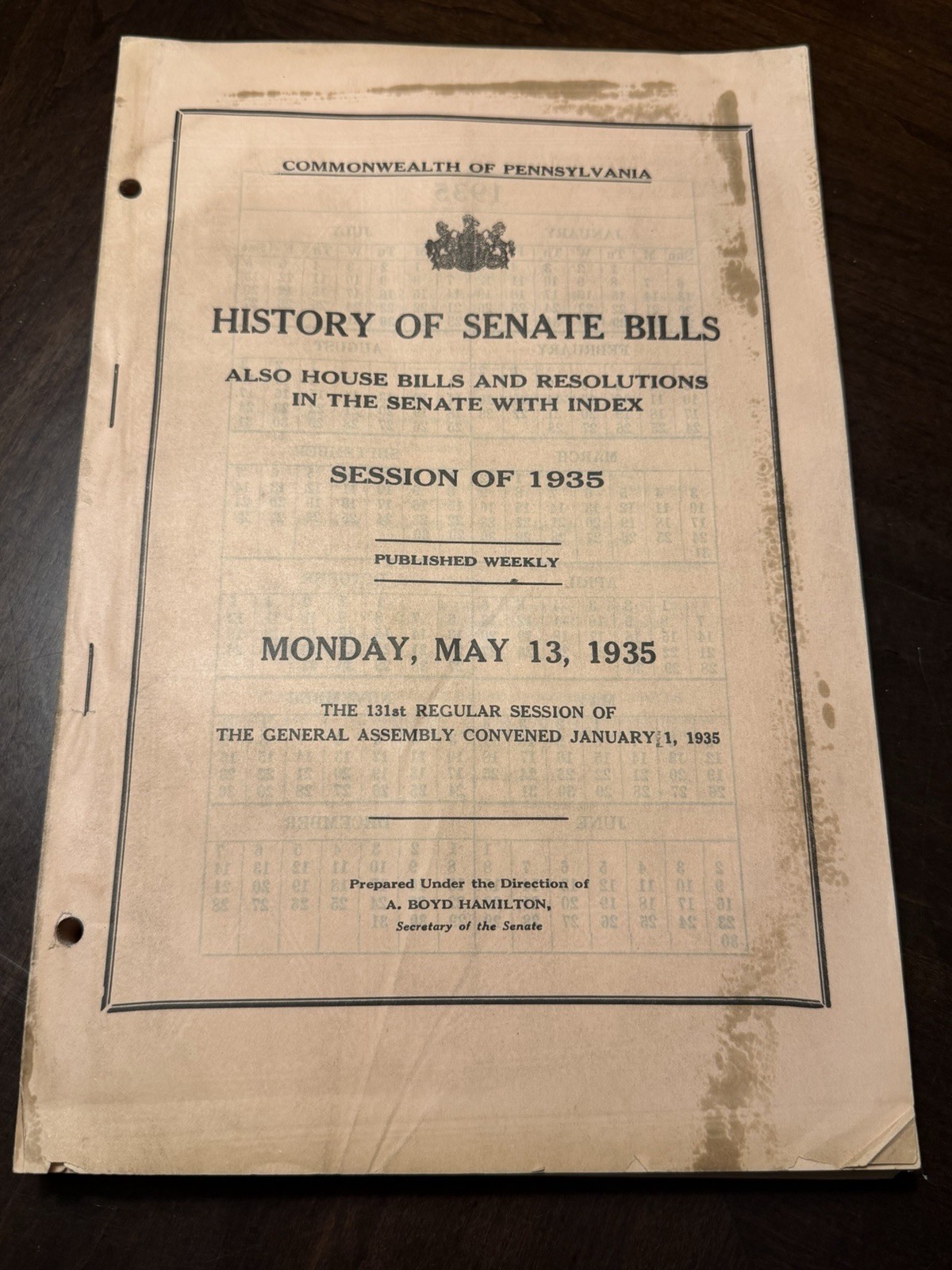 1935 Pennsylvania History of Senate Bills Legislative Index Document PA Law 