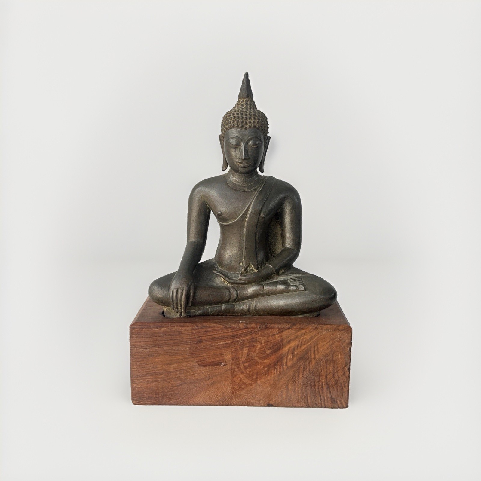 Antique Southeast Asian Bronze Seated Buddha Figure on Wooden Base