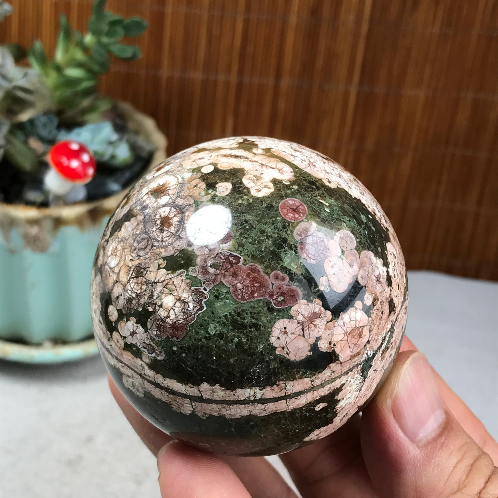 60mm Natural Green Plum Blossom Jade sphere ball Crystal specimens 282g A6250