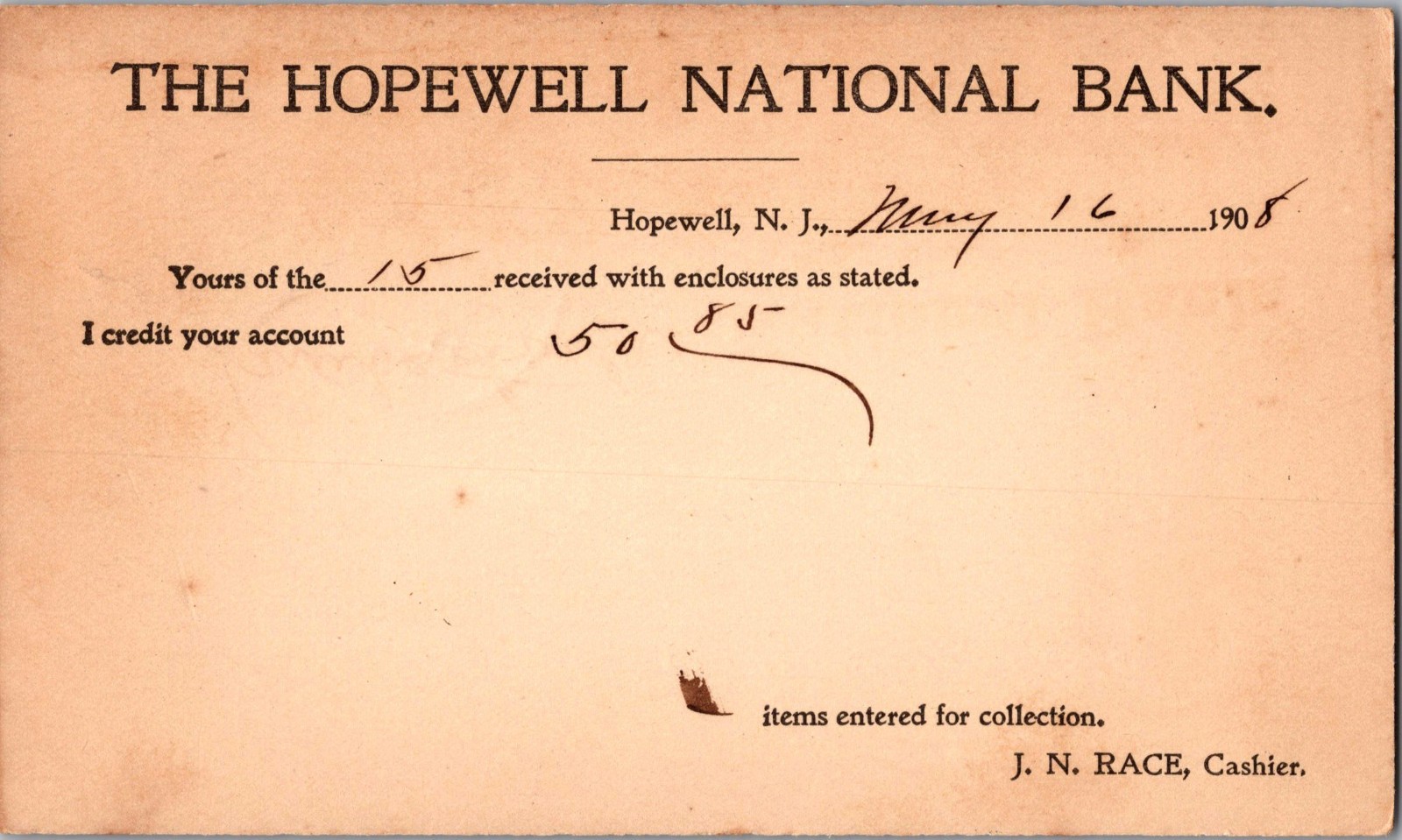 [4M2] Postcard 1908 Hopewell National Bank NJ