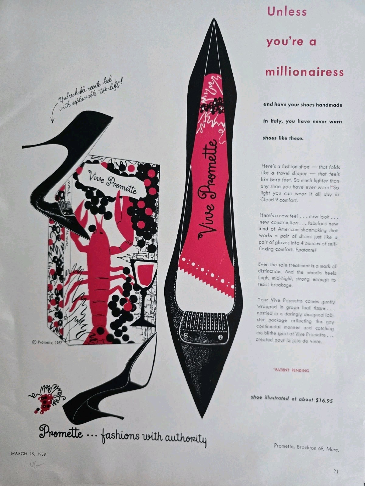 1958 Women's Vive Promette Shoes Shoebox lobster print Vintage Fashion art ad