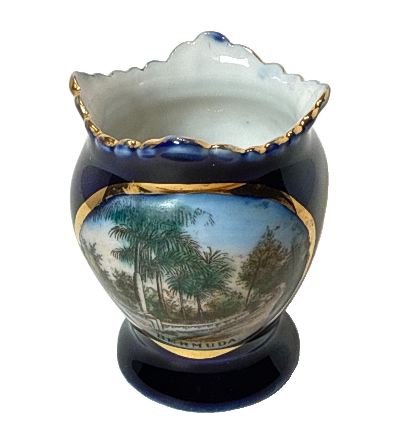 BERMUDA Souvenir ANTIQUE PALM TREE COBALT  PAINTED GOLD CHINA TRINKET