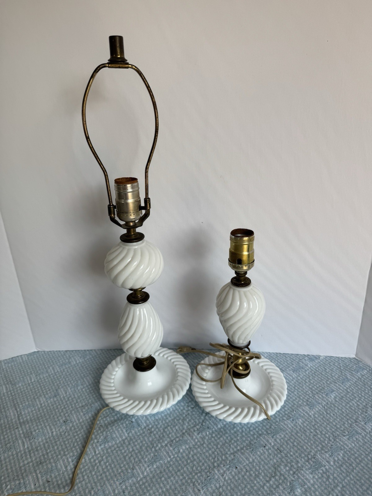 Vintage Milk Glass Swirl Vanity Lamp Set Graduated Pair Trinket Dish Base 50s