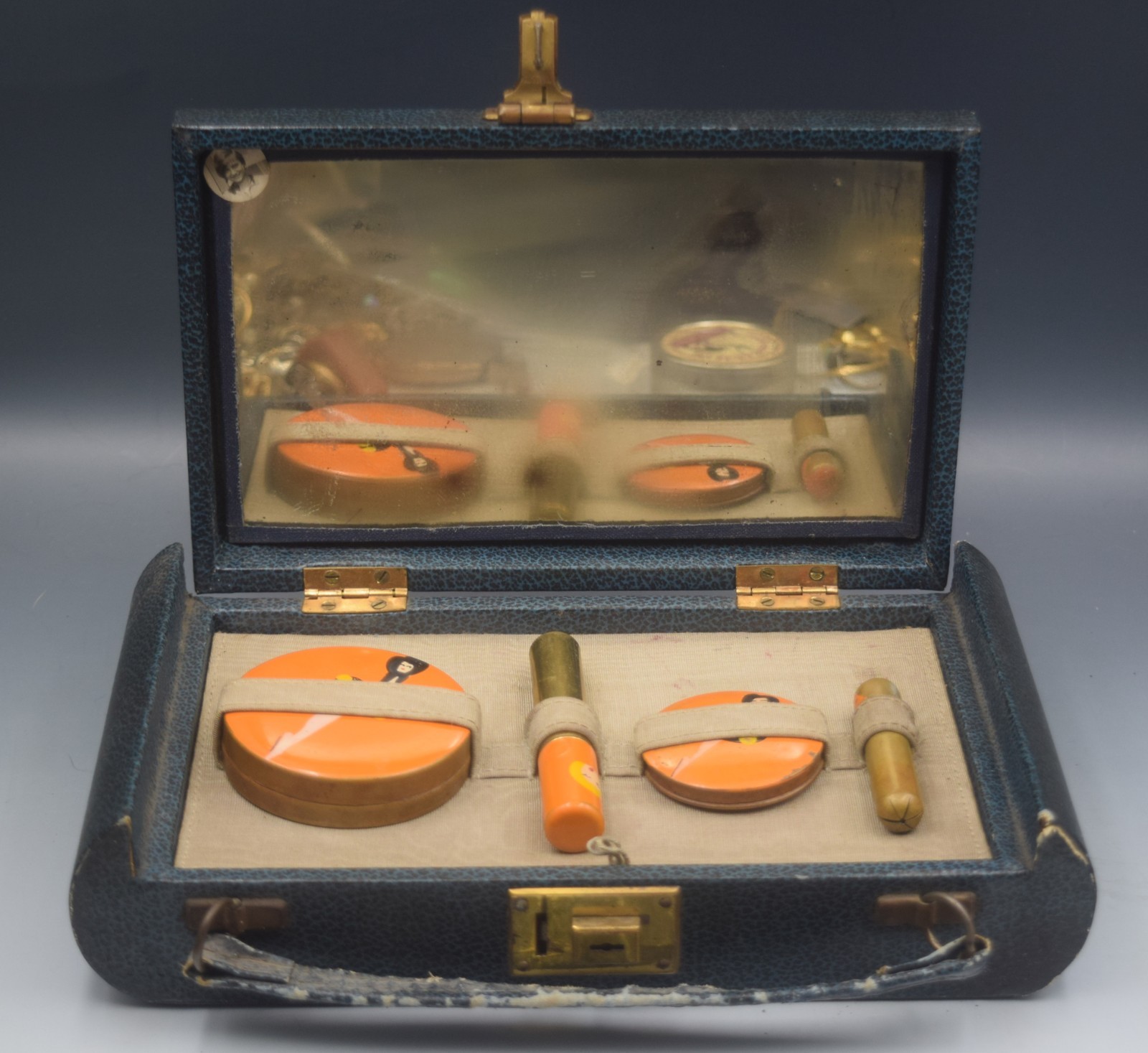 1920S ART DECO ORANGE ENAMEL FLAPPER DANCER TRAVEL VANITY CASE COMPACT SET