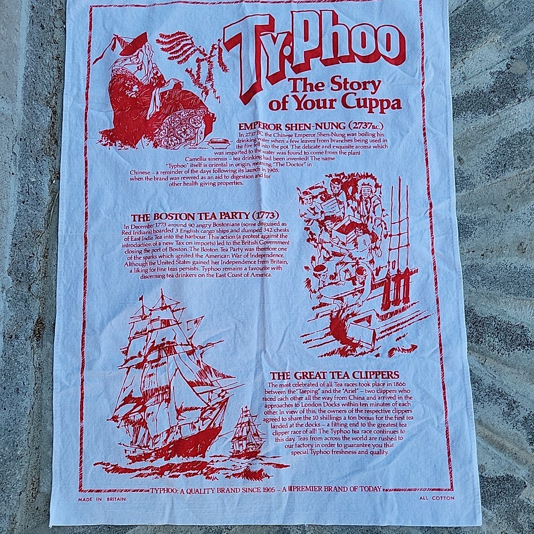Vintage Ty-Phoo Story of Your Cuppa Tea Towel Emperor Shen Nung Boston Party Vintage Ty-Phoo Story of Your Cuppa Tea Towel Emperor Shen Nung Boston Party
