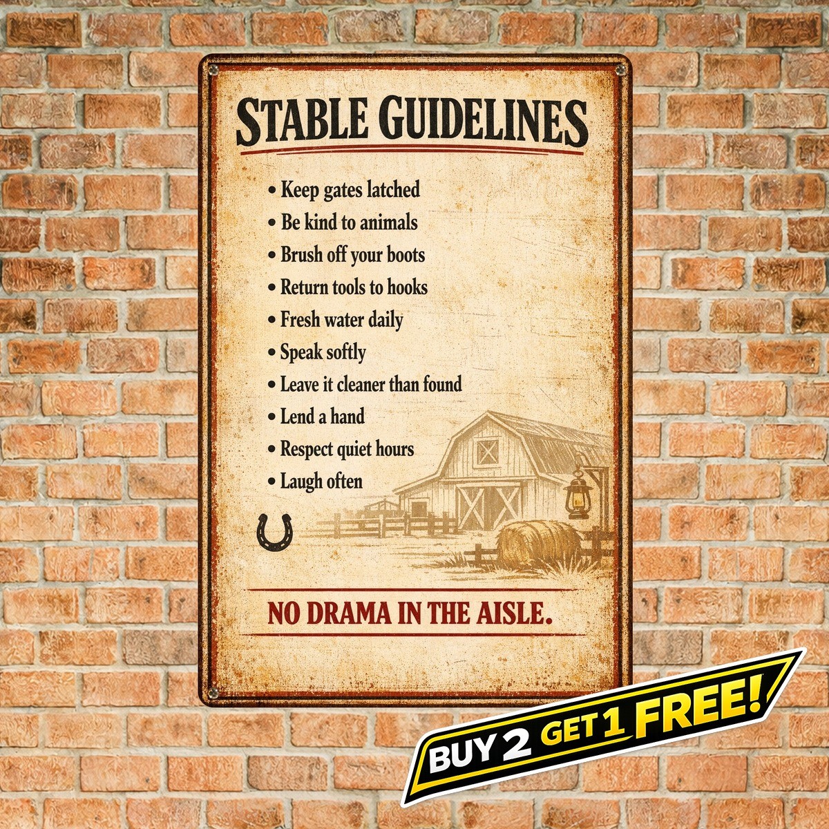 Classic Iron Barn Rules Vintage Farmhouse 8x12 Metal Tin Wall Sign