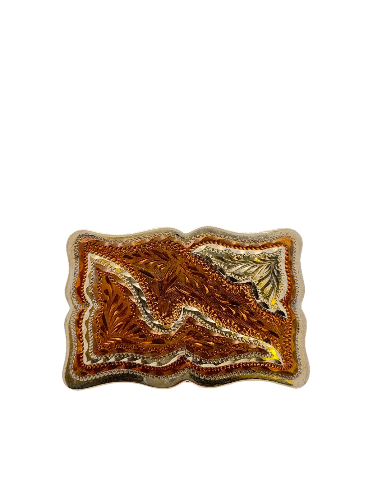 1970\'s Estate German Silver Brass Western Floral Engraved Rectangle Belt Buckle