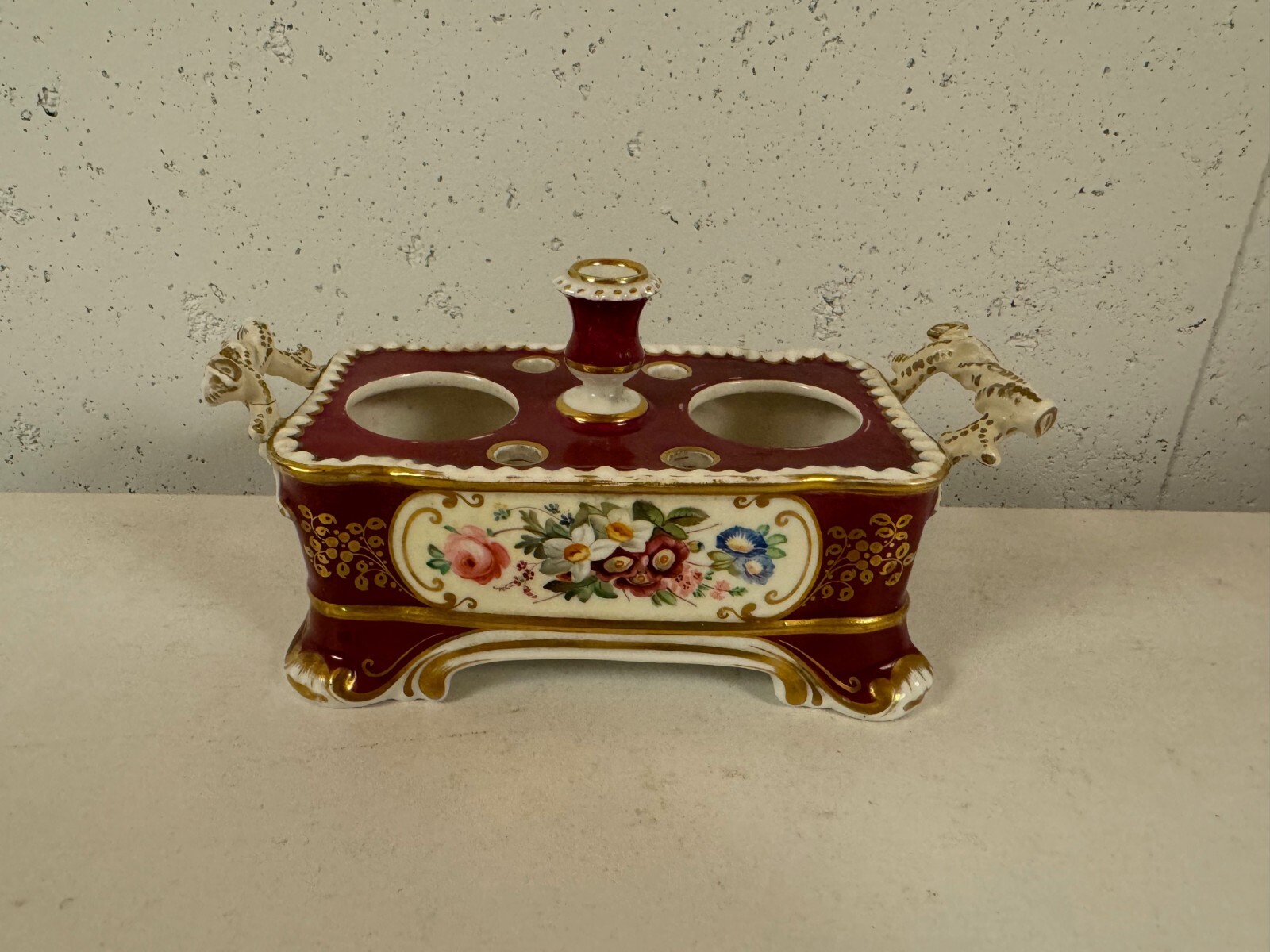Antique French Porcelain Inkwell w/ Painted Flowers Decoration Possibly Sevres?