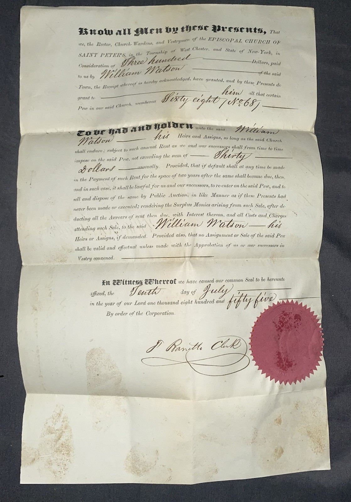 1855–1879 Episcopal Church Pew Deed & Surrender Documents – West Chester NY
