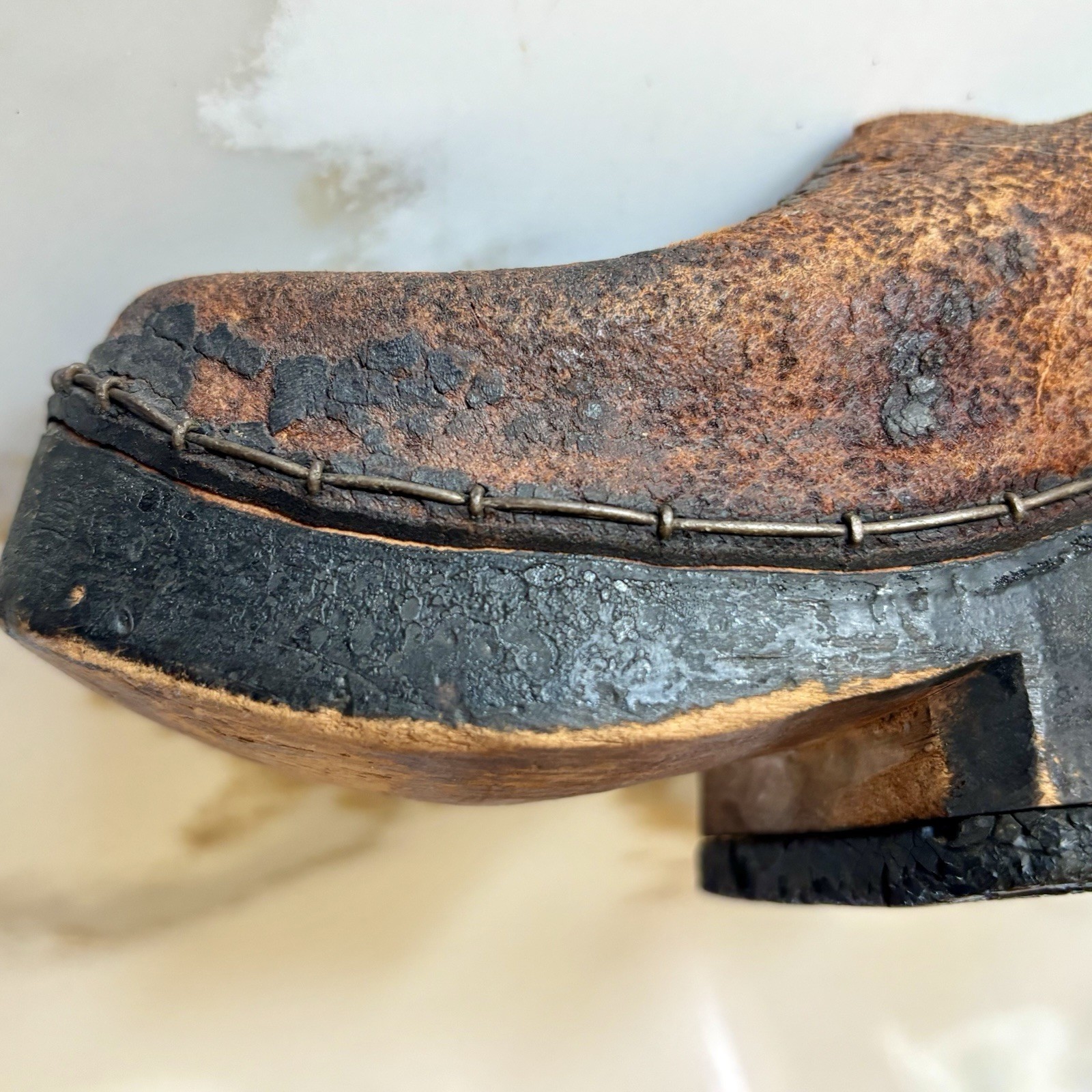Antique European Wooden Working Clog Single Shoe Leather Sabot Early 1900’s