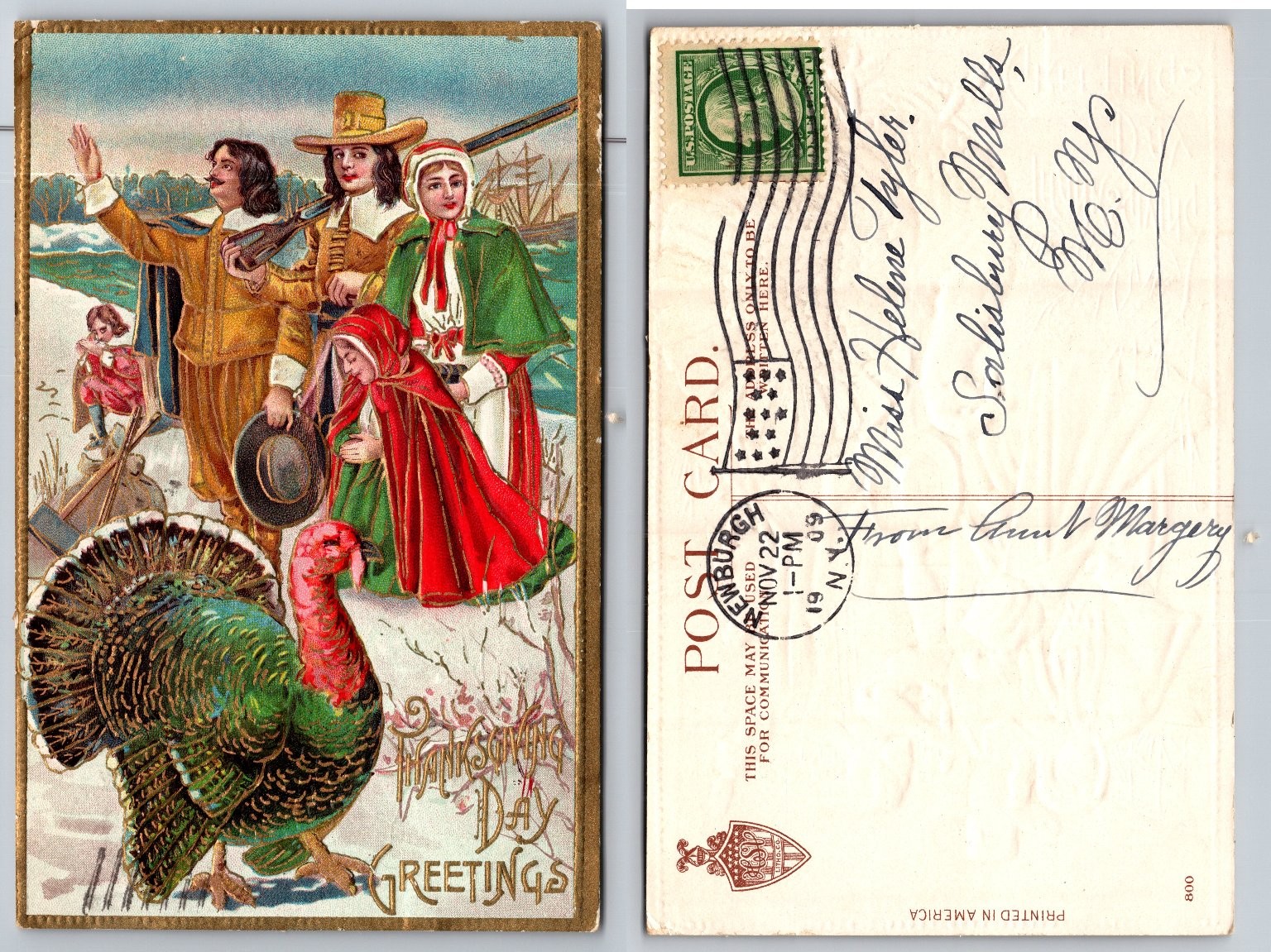 1909 Thanksgiving Day Pilgrims Turkey Salisbury Mills NY Postcard