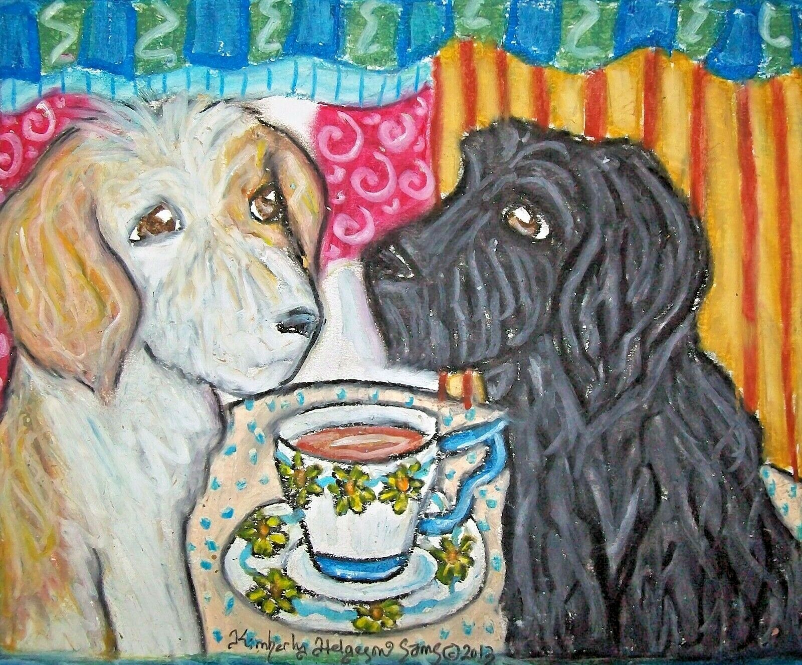 Goldendoodle drinking Tea Art Print 5x7 Signed Artist KSAMS Vintage Style Dog