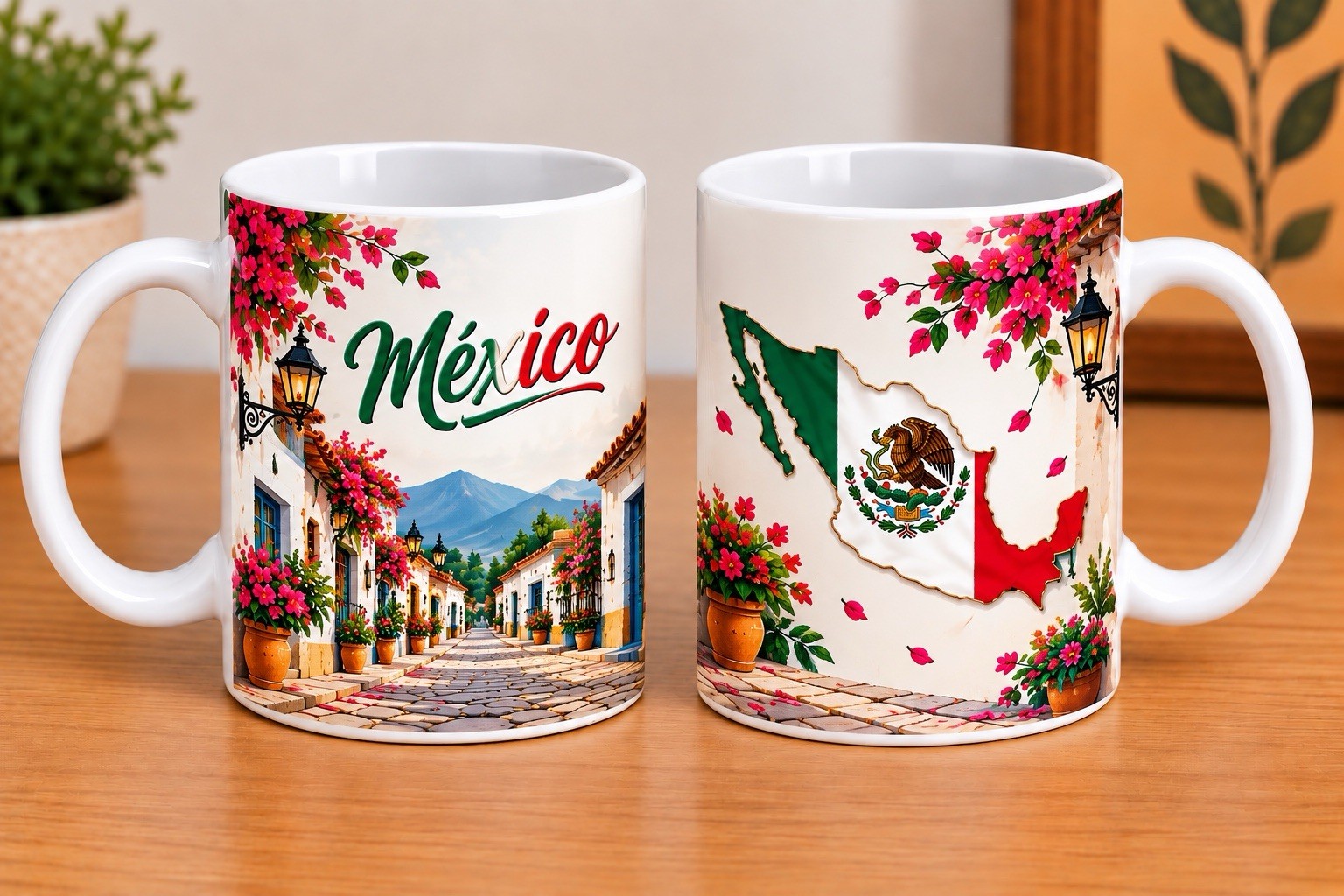 Set 4 pcs, Mexican Coffee Mug, Set Floral Cactus Flag Cultural Design, Tazas.