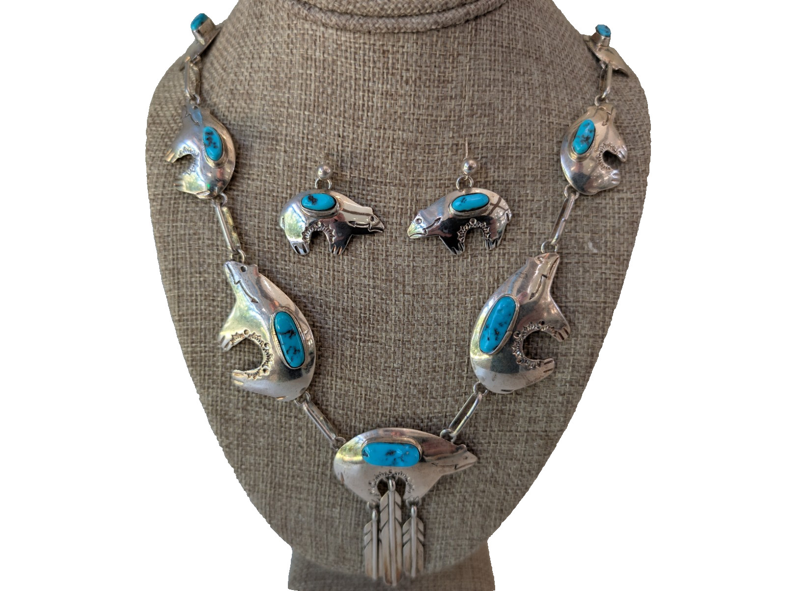Native American Bobby Johnson Silver Turquoise Bear Fetish Necklace Earring Set Native American Bobby Johnson Silver Turquoise Bear Fetish Necklace Earring Set