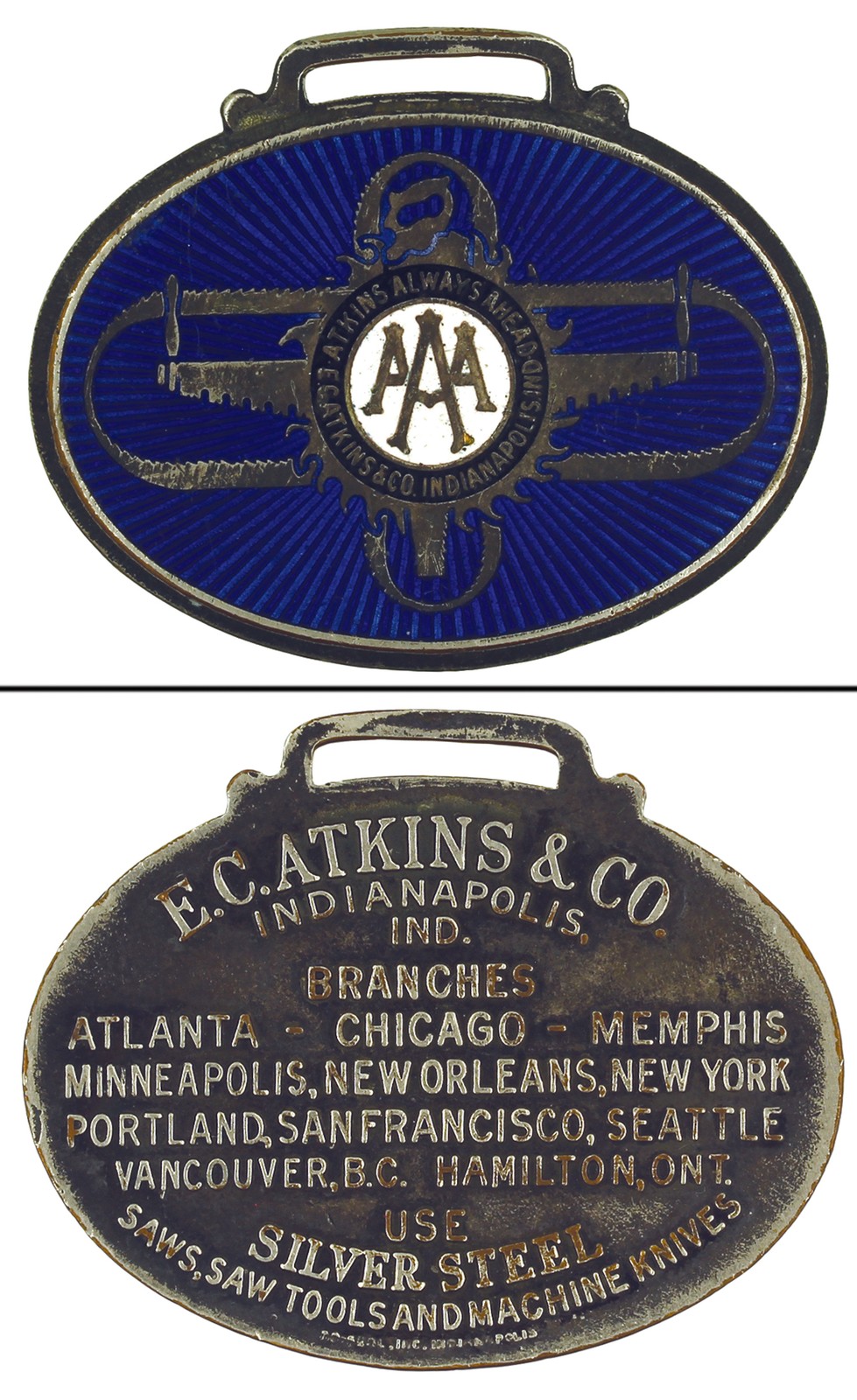E.C. Atkins Blue Ceramic & Pewter Advertising Watch Fob - mjdtoolparts