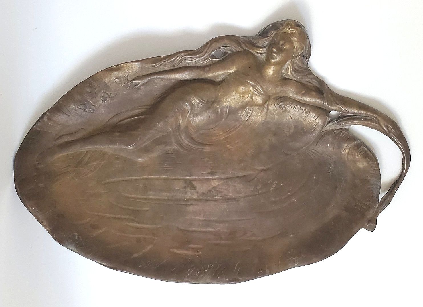 ANTIQUE SOLID BRASS ART NOUVEAU BAROQUE ELEGANT WOMAN DECORATIVE TRAY DISH 12\